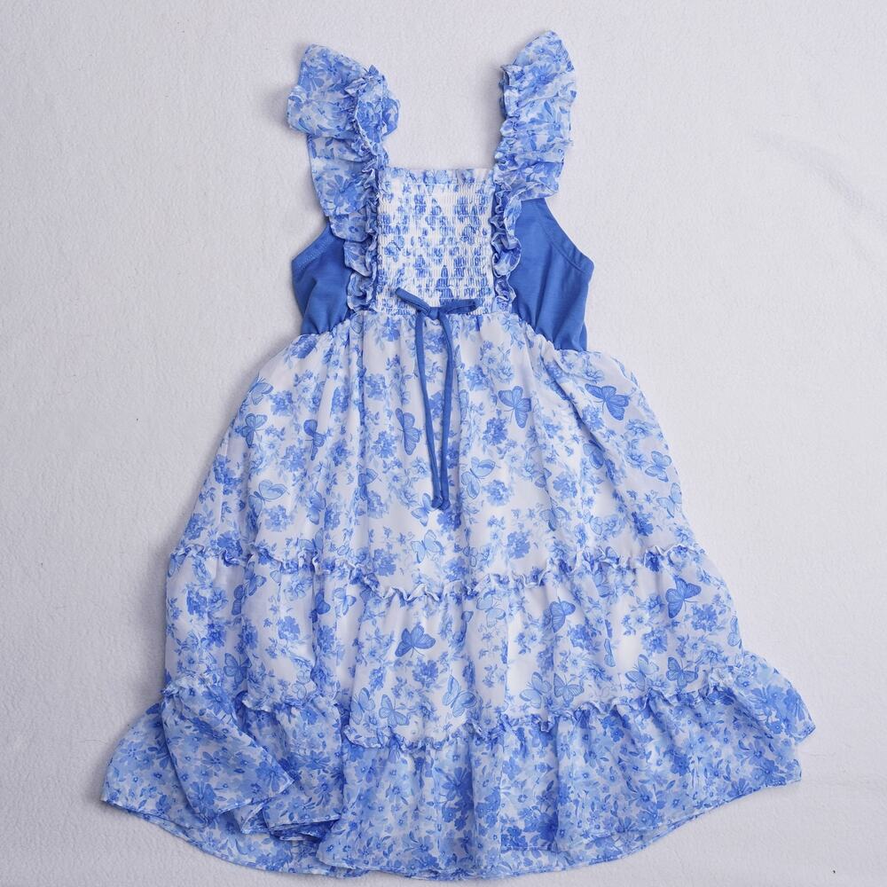 Girls Sundress Blue White Floral Tiered Ruffle Straps Lined Size 7 - Picture 4 of 4